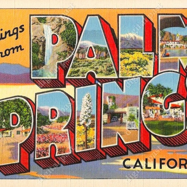 Salutations de Palm Springs en Californie - image clipart carte postale vintage - TÉLÉCHARGEMENT INSTANTANÉ - carte postale rétro grande lettre, carte postale imprimable