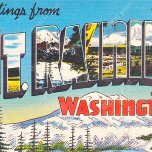 Grüße von Mt Rainier Washington - Vintage Postkarte Clipart Bild - INSTANT DOWNLOAD - große Buchstaben Postkarte, Mount Rainier Nationalpark