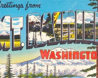 Salutations de Mt Rainier Washington - image clipart carte postale vintage - TÉLÉCHARGEMENT INSTANTANÉ - carte postale grandes lettres, parc national du mont Rainier