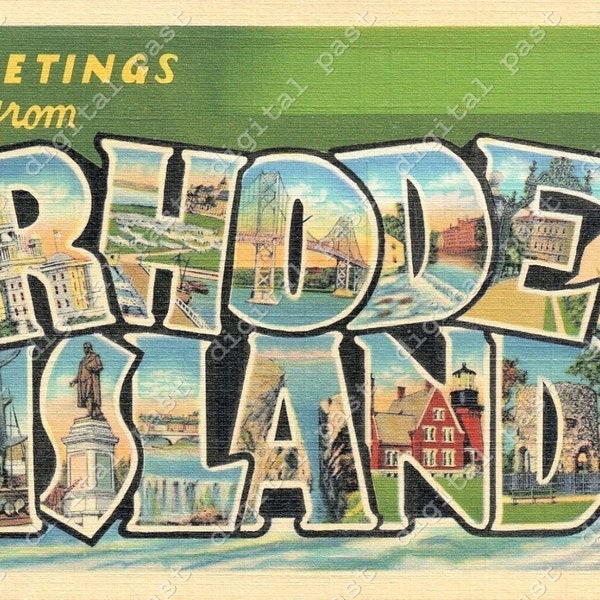 Greetings from RHODE ISLAND postcard image ~ instant digital download, printable postcard ~ vintage ri postcard, retro large letter postcard