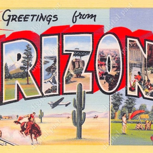 ARIZONA Big Letters Vintage Postcard - INSTANT DOWNLOAD - retro postcard image art deco greetings from arizona 1930s 1940s az cowboy clipart