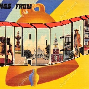 Cartão postal da Filadélfia - DOWNLOAD INSTANTÂNEO - Saudações da Filadélfia, Pensilvânia - clipart vintage de cartão postal com letras grandes, sino da liberdade