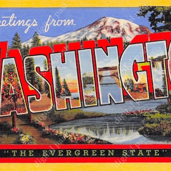 WASHINGTON Big Letters Vintage Postcard - INSTANT DOWNLOAD - retro postcard image art deco greetings from washington state printable clipart