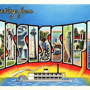 Cartão postal vintage Saudações do Mississippi - DOWNLOAD INSTANTÂNEO - cartão postal antigo para impressão em letras grandes de 1940, cartão postal ms, arte em barco de rio