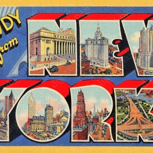 Howdy From New York printable postcard ~ DIGITAL DOWNLOAD ~ vintage new york postcard image, large letters postcard, ny postcard download