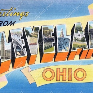 Saudações de Cleveland Ohio cartão postal clip art - DOWNLOAD INSTANTÂNEO - cartão postal vintage com letras grandes, cartão postal para impressão, cleveland oh