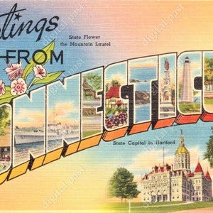 Saluti dalla cartolina d'epoca del Connecticut - INSTANT DOWNLOAD - antica stampabile anni '40 art deco cartolina a grandi lettere - ct hartford, fiore