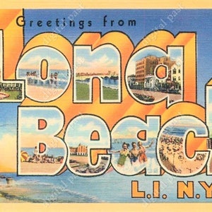 LONG BEACH Long Island, New York - Instant DOWNLOAD - vintage big letters postcard clip art image beach clipart greetings from long beach ny