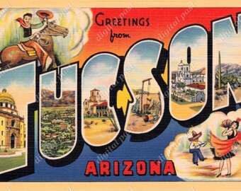 Hälsningar från Tucson, Arizona - vintage vykort clipart - DIREKT NEDLADDNING - retro vykort med stora bokstäver, utskrivbart vykort, Tucson, Arizona