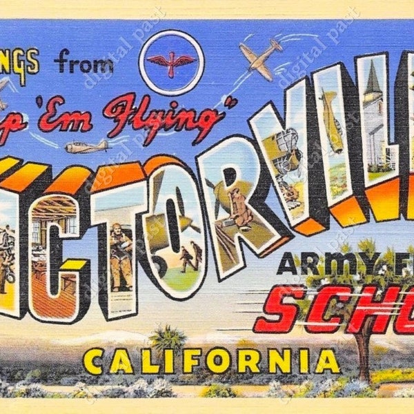 Greetings from Victorville Army Flying School - INSTANT DOWNLOAD - Victorville California postcard printable, military clipart, airplane art