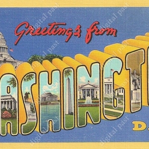 Greetings From Washington D.C. Vintage Postkarte - SOFORTIGER DOWNLOAD - antike druckbare 1930er Jahre Art Deco große Buchstaben Postkarte - DC capitol bldg