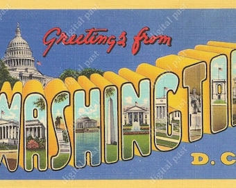Greetings From Washington D.C. vintage postcard - INSTANT DOWNLOAD - antique printable 1930s art deco big letters postcard - DC capitol bldg