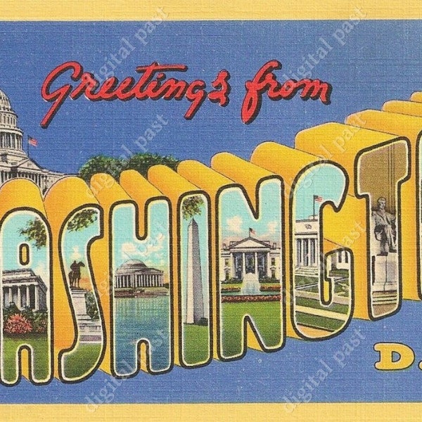 Greetings From Washington D.C. vintage postcard - INSTANT DOWNLOAD - antique printable 1930s art deco big letters postcard - DC capitol bldg