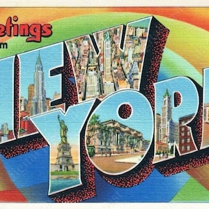Greetings From New York Vintage Postkarte - INSTANT DOWNLOAD - antike 1930er Jahre Art Deco Postkarte zum Ausdrucken in großen Buchstaben