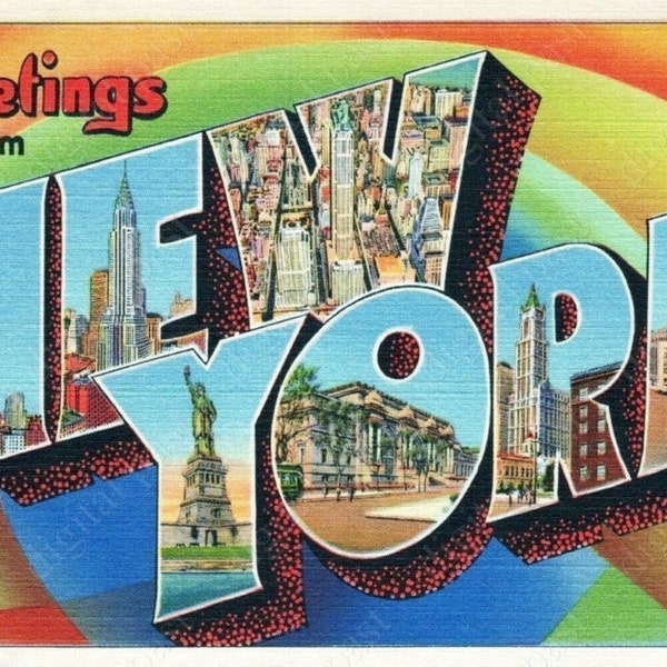 Greetings From New York vintage postcard - INSTANT DOWNLOAD - antique printable 1930s art deco big letters postcard - new york city nyc ny