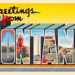 MONTANA Big Letters Vintage Postcard - INSTANT DOWNLOAD - retro ansichtkaart beeld art deco groeten uit Montana digitale efemere clip art