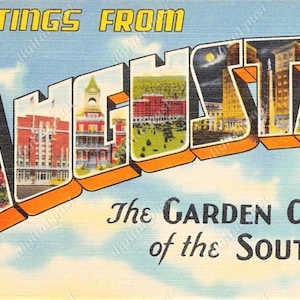 Salutations de la carte postale d'Augusta Georgia - TÉLÉCHARGEMENT INSTANTANÉ - clipart de carte postale, carte postale imprimable rétro grande lettre, ville jardin du sud