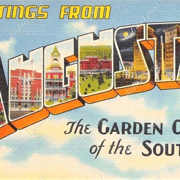 Greetings from Augusta Georgia postcard - INSTANT DOWNLOAD - postcard clipart, retro big letter printable postcard, garden city of the south