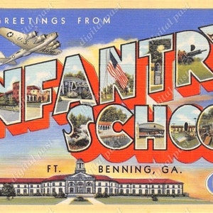 Saudações da Escola de Infantaria, Ft. Benning Georgia - cartão postal vintage com download instantâneo, cartão postal retrô com letras grandes, cartão postal para impressão