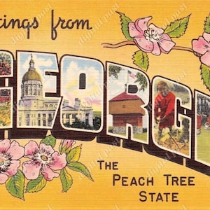Saluti dalla GEORGIA "The Peach Tree State" - clipart da cartolina vintage- DOWNLOAD ISTANTANEO - cartolina di grandi lettere retrò, cartolina stampabile