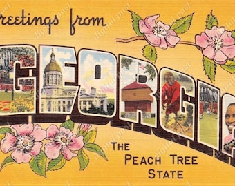 Salutations de GEORGIA « The Peach Tree State » - clipart carte postale vintage- TÉLÉCHARGEMENT INSTANTANÉ - rétro carte postale grande lettre, carte postale imprimable