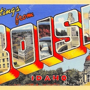BOISE Idaho Big Letter Vintage Postcard image - INSTANT DOWNLOAD - Cartolina retrò clip art, saluti da boise id, stampa cartolina digitale
