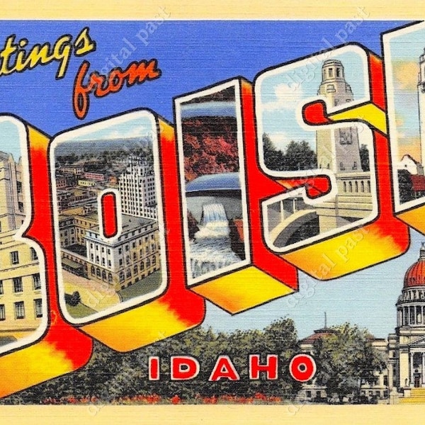 BOISE Idaho Big Letter Vintage Postcard image - INSTANT DOWNLOAD - retro postcard clip art, greetings from boise id, digital postcard print