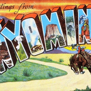 WYOMING grosses lettres vintage carte postale - téléchargement immédiat - carte postale rétro image art déco salutations du wyoming cowboy clipart cheval clip art