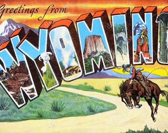 WYOMING Big Letters Vintage Postcard - INSTANT DOWNLOAD - retro postcard image art deco greetings from wyoming cowboy clipart horse clip art