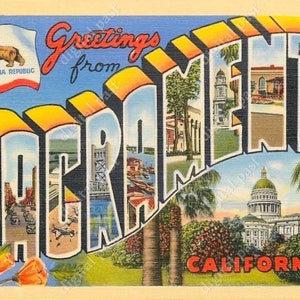 Saudações do SACRAMENTO Califórnia cartão postal vintage com letras grandes - DOWNLOAD INSTANTÂNEO - imagem de cartão postal retrô, art déco, arte de cartão postal para impressão