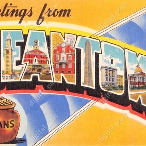 Grüße aus BEANTOWN druckbare Postkarte - INSTANT DOWNLOAD - Vintage Art Deco große Buchstaben Postkarte Clipart - Boston, Massachusetts