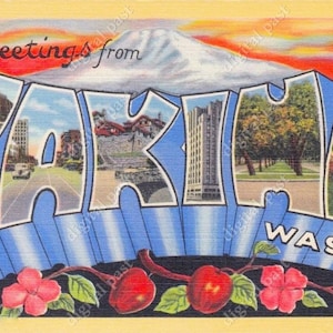 Saludos desde Yakima Washington - imagen de imágenes prediseñadas de postal vintage - DESCARGA INSTANTE - postal de carta grande retro, postal imprimible