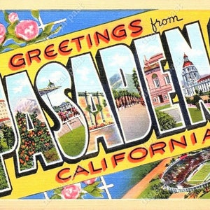 Saudações de Pasadena, Califórnia - imagem de clipart de cartão postal vintage - DOWNLOAD INSTANTÂNEO - cartão postal retrô com letras grandes, cartão postal para impressão
