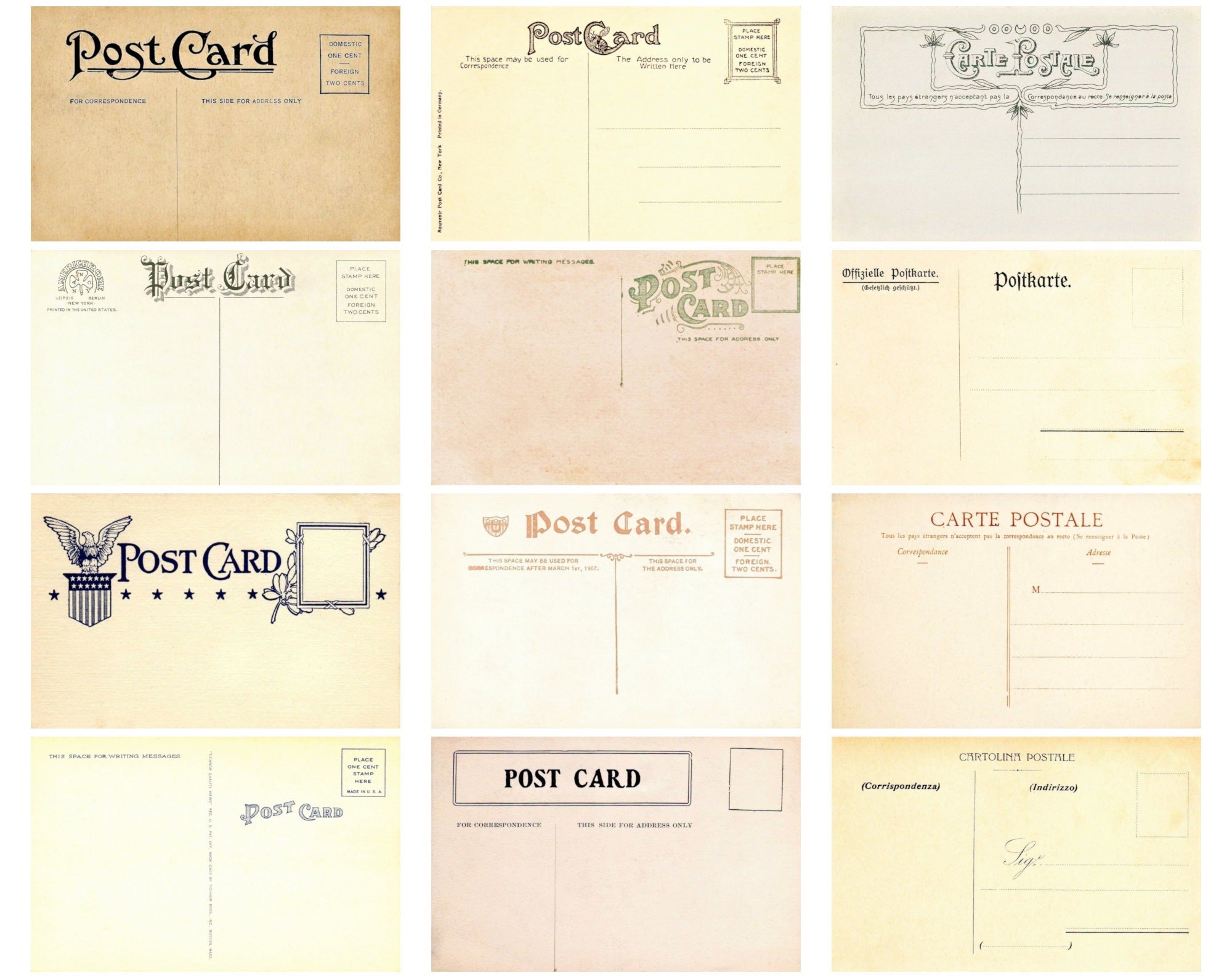 12 Antique Postcard Backs INSTANT DOWNLOAD Set of 12 Printable Postcard Backs Download, Postcard