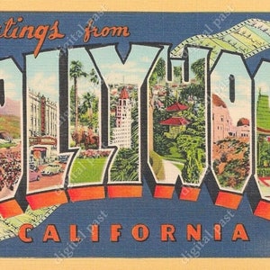 Saudações de Hollywood, Califórnia - imagem de clipart de cartão postal vintage - DOWNLOAD INSTANTÂNEO - cartão postal retrô com letras grandes, cartão postal para impressão