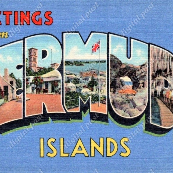 Greetings from Bermuda Islands - vintage postcard clipart image - INSTANT DOWNLOAD - retro large letter postcard, printable postcard