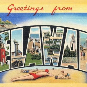 Saluti dall'immagine della cartolina DELAWARE ~ DOWNLOAD DIGITALE ~ arte della spiaggia del Delaware, cartolina vintage del Delaware, cartolina retrò con lettere grandi