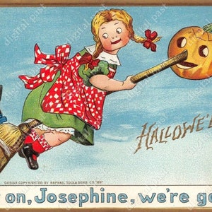 Antique HALLOWEEN postcard - INSTANT DOWNLOAD - Girl riding witches broom with pet witch cat, jack o lantern - printable vintage clip art
