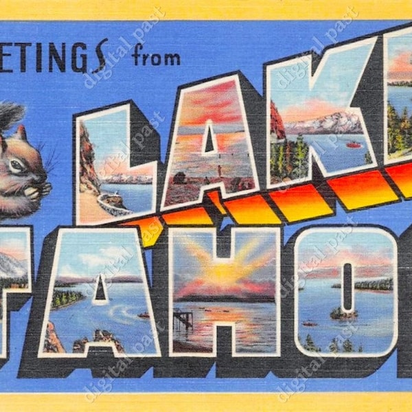 Greetings from Lake Tahoe - vintage postcard clipart image - INSTANT DOWNLOAD - retro large letter postcard, printable postcard, california