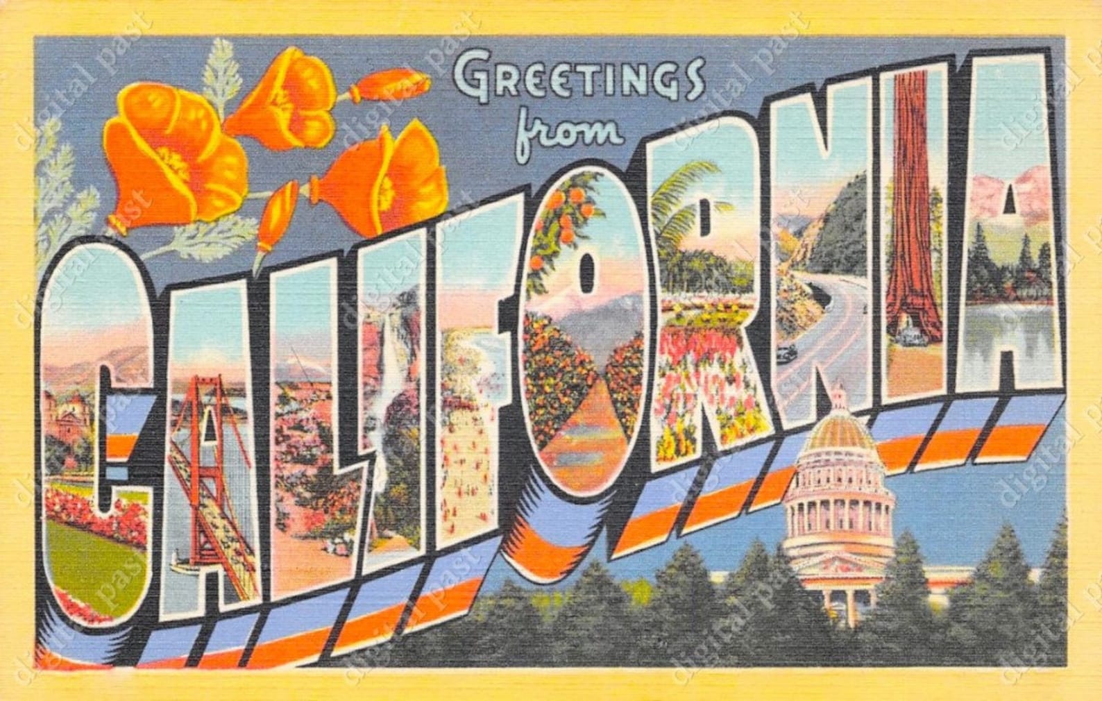 CALIFORNIA Big Letters Vintage Postcard INSTANT DOWNLOAD Etsy