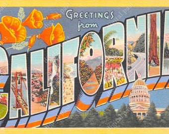 CALIFORNIA Big Letters Vintage Postcard - INSTANT DOWNLOAD - retro postcard image, art deco design, floral art, greetings from california ca