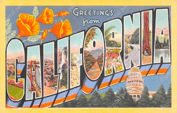 CALIFORNIA Big Letters Vintage Postcard - INSTANT DOWNLOAD - retro postcard  image, art deco design, floral art, greetings from california ca