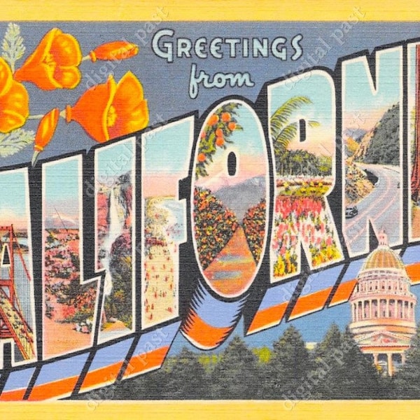 CALIFORNIA Big Letters Vintage Postcard - INSTANT DOWNLOAD - retro postcard image, art deco design, floral art, greetings from california ca