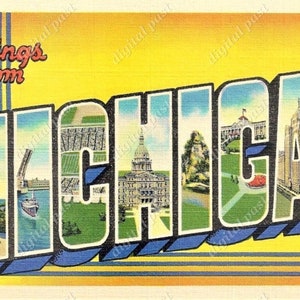 MICHIGAN Big Letters Vintage Postcard - DESCARGA INSTANTE - imagen de postal retro, diseño art deco, saludos de la postal imprimible michigan