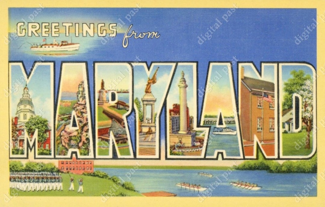 Greetings From Maryland Vintage Postcard - INSTANT DOWNLOAD - Antique Printable 1930s Art Deco ...