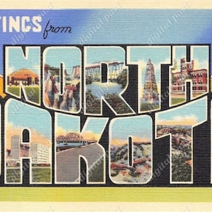 Greetings From North Dakota vintage postcard - INSTANT DOWNLOAD - antique printable 1940s art deco big letters postcard, vintage clip art