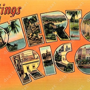Saudações da imagem do cartão postal de Porto Rico ~ DOWNLOAD DIGITAL ~ cartão postal vintage de Porto Rico, cartão postal retrô com letras grandes, download para impressão