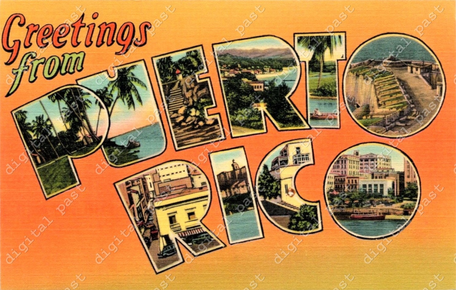 Greetings From Puerto Rico Postcard Image DIGITAL DOWNLOAD Vintage