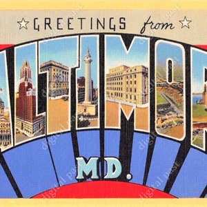 Grüße aus Baltimore, MD Postkarte ClipArt - INSTANT DOWNLOAD - Vintage großen Brief Postkarte, druckbare Postkarte, baltimore maryland