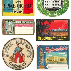 HOTEL LUGGAGE LABELS of the World - Printable Collage Sheet Download - Collection of international vintage hotel labels Paris New York Egypt